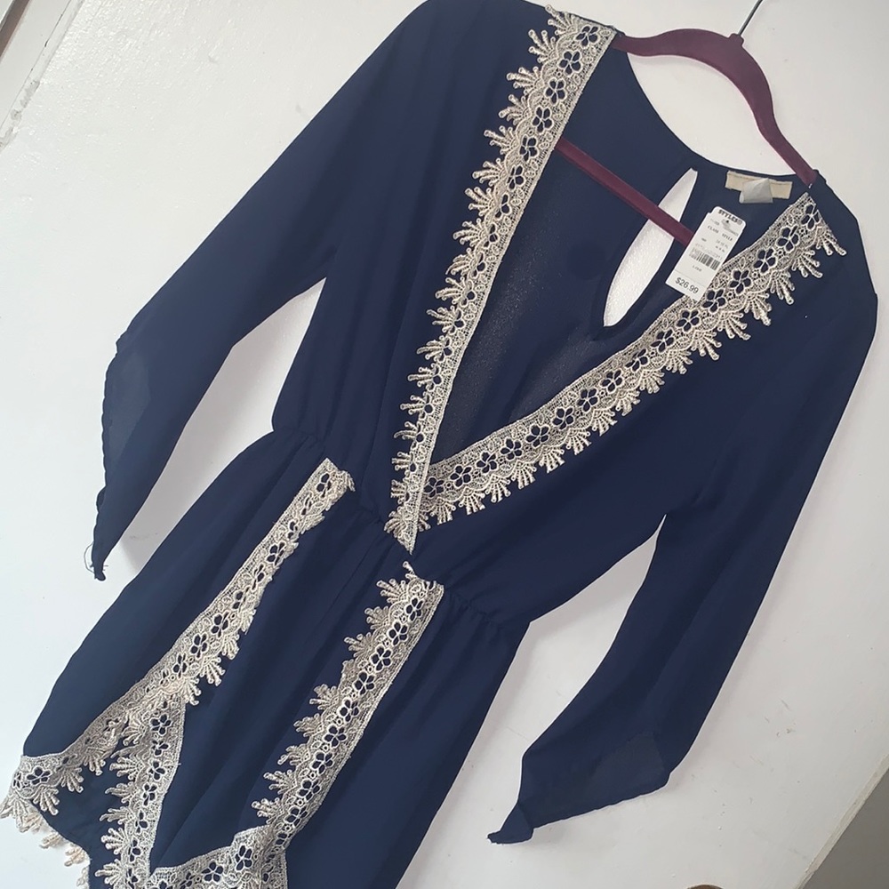 Navy Sheer Romper W/ White Lace Detail